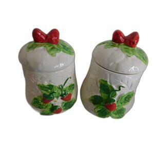 Vintage Laurentian Pottery Canada Strawberry Canisters Set Of 2 READ